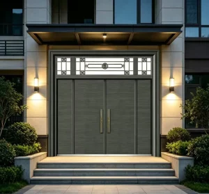 FM041 Steel Exterior House Security Entrance Door with Anti-Theft Glass Grid Design, Four-Opening, Supplier
