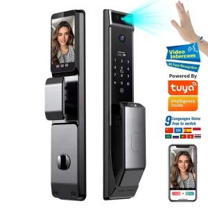 Face Fingerprint NFC Smart Door Lock for Wood Doors with Screen, Waterproof Housing, Memory Card and Cloud Storage
