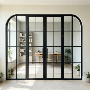 Factory Direct Price Dust Proof Black Frame Steel Glass Door Double Tempered Glass Arched Steel Door for Room
