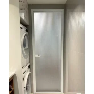 Factory Minimalist Matte White Slim Aluminum Full Vertical Ribbed Frosted Glass Interior Bathroom Door