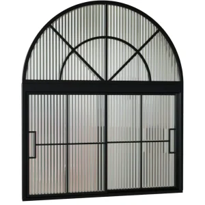Factory custom black steel aluminium iron arch top french style sliding glass windows and doors grill design for houses