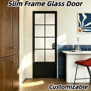 Farmhouse Arched Swing Interior Door Frosted Textured Glass Alloy Frame Sound Insulation for Country House Bath Kitchen