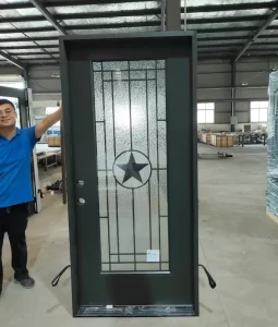 Fiberglass Prehung Entry Door Slab with Wrought Iron Grille and Frosted Glass, Texas Style Exterior Front Door