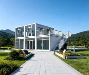 Floor-to-Ceiling Glass Sandwich Panel Double-Deck Flat-Pack Container Showroom for Villa, Park, Balcony, or Sales Office
