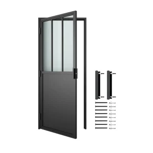 Fluted-Glass Hinged Interior Door with Black Steel Frame and Handle, Left Opening