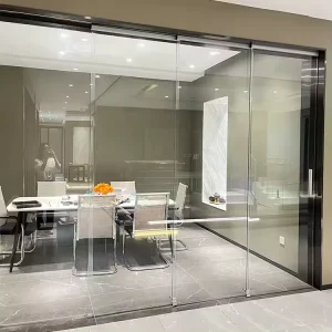 Frameless Interior Glass Sliding Door with No Bottom Track, Synchronized Operation, and Soft Closing