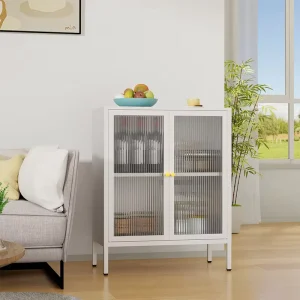 Freestanding Metal Storage Cabinet with 2 Transparent Glass Doors, Foldable, for Kitchen and Living Room