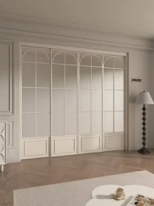 French Arched Aluminum Sliding Glass Door Slim Frame Retro Reeded Glass Interior Door for Bathroom Kitchen