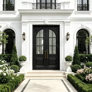 French Classic Matte Black Double Entry Door with Arched Textured Glass Main Entrance Door