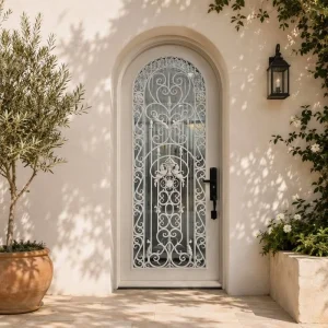 French Curved Top Scroll Wrought Iron Single Entry Door With Transparent Glass for Courtyard