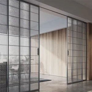 French Internal Ceiling Mounted Office Glass Sliding Door Black Narrow Frame Soft Closing Living Room Partition Wall Glass Door