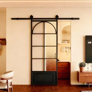French Minimalist Customized Glass Barn Door for Study Room Kitchen and Bathroom with Waterproof Hanger Rail and Glazed Steel Frame
