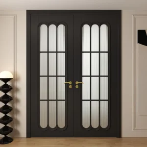 French Retro Anti Theft Manual Black Solid Wood Finished Lacquered Curved Bedroom Double Door Changhong Glass Custom Door