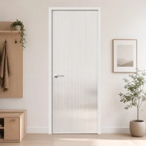 French Slim-Frame Aluminum Hinged Glass Door with Clear Fluted Frosted Glass for Kitchens and Bathrooms