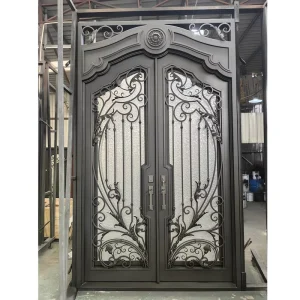 French Square-Top Black Wrought Iron Tube Door with Glass