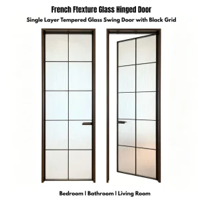 French Style Fluted Glass Hinged Partition Door Single Layer Tempered Swing Black Grid Privacy Interior Bathroom Living Room