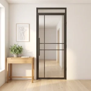 French Style Matte Black Pivot Swing Fanlight Steel Frame Tempered Glass Door for Home Offices