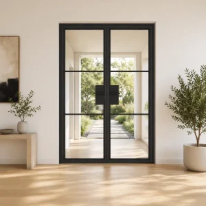 French Style Steel Framed Tempered Clear Glass Patio Black Interior Villa Swing Doors