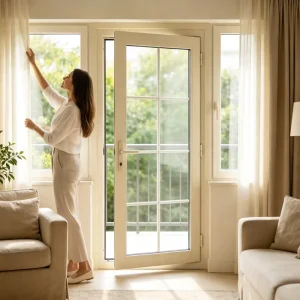 French UPVC Casement Window, Double Swing Open, Tempered Glass, Soundproof, White Wood Grain, Villa Living Room, Manufacturer