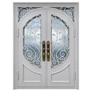 French White Arched Vine Carved Wrought Iron Double Door Water Ripple Glass Villa Double Entry Gate