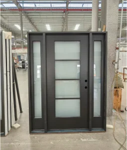 Frosted Glass Fiberglass Door with Two Sidelights Low-Maintenance Black Smooth Prehung Door for House