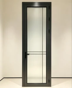 Frosted Glass Swing Bathroom Door with Decorative Grille and Black Frame
