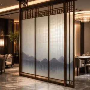 Frosted Grid Etched Laminated Glass Room Divider Ink Wash Mountain Landscape 5+5 Safety Glass Partition for Restaurant