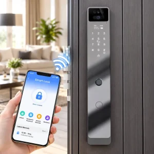 Fully Automatic Face ID Fingerprint Keypad App-Controlled Smart Lock with Hidden Camera and Bell for Glass and Wood Doors