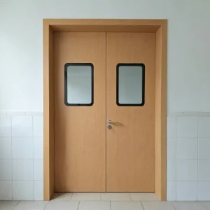 GMP Cleanroom Door Double Leaf Wood Grain Finish Steel Core Vision Window CE Certified Factory Direct