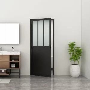 Good Price Loft Style Black Steel Glass Swing French Door with Kick Board Fluted Iron Framed Double Interior Door With Glass