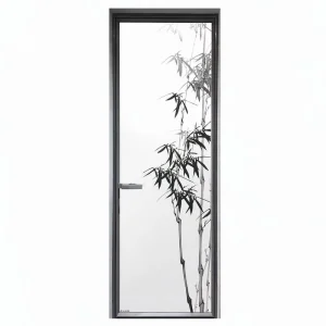 Gray Aluminum Frame Interior Door with Frosted Glass Bamboo Sumi-e Painting Design and Lever Handle