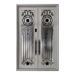 Hand Forged Wrought Iron Glass Entrance Door Double Villa Anti Theft Front Door Water Ripple Tempered Glass glass entrance door