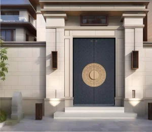 Heavy Duty Aluminum Entrance Door Modern Circular Brass Medallion Double Thermal Insulation Front Door Custom