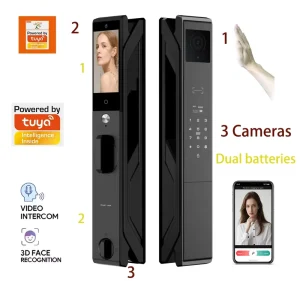 High-End Smart Lock Face Recognition Biometric Door Lock with Three Cameras Dual Batteries Wood Door WiFi