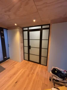 Home Use Swing Door Steel Frame French Glass Door with Fluted Frosted Glass for Privacy