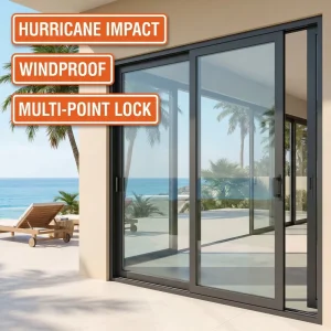 Hurricane Impact Aluminum Sliding Glass Door, Windproof Exterior Patio Door with Multi-Point Lock for Coastal Villa