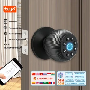 IPX5 Waterproof Smart Ball Handle Lock with Tuya App Fingerprint Code and Key Unlock Black for Interior Wooden Doors