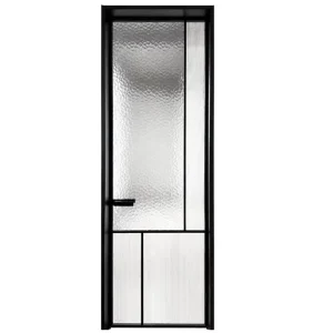 Industrial Style Black Metal Frame Four-Glass-Panel Interior Door with Hammered and Reeded Texture for Hotel