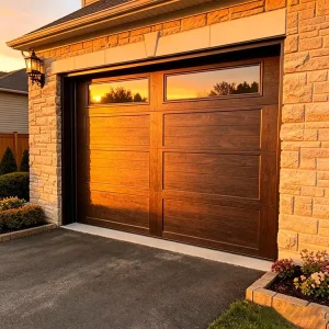 Insulated Galvanized Steel Electric Automatic Sectional Garage Door with Aluminum Wood Grain Finish and Black Glass Windows