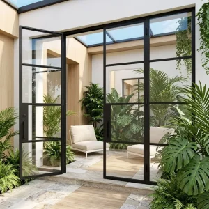 Interior Aluminum Double Tempered Glass French Swing Door with Double Panels
