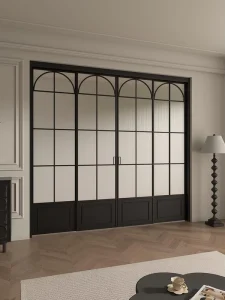 Interior Aluminum Sliding Glass Door Partition Arched Grid Slim Frame Ribbed Glass for Study and Living Area