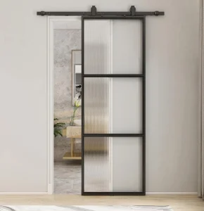 Interior French Barn-Style Steel Door with Frosted Glass Panels