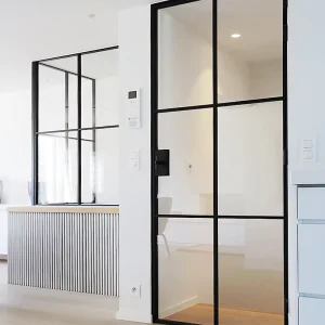 Interior French Glass Single Door, Narrow Steel Frame Grille, Custom Tempered Double-Layer Water-Resistant