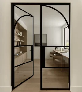 Interior Modern Matte Black Steel Frame Finished Double Glazed French Glass Doors With Thermal Insulation