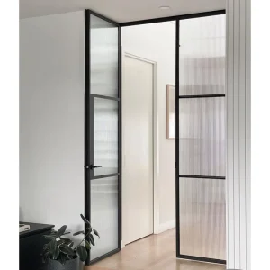 Interior Swing Steel Glass Doors with Black Frame and Opaque Frosted or Reeded Glass