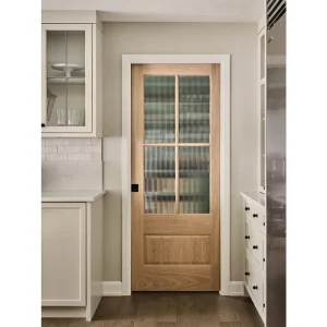 Light Oak Wood Sliding Pocket Door with Glass Panels Weather Resistant Seal