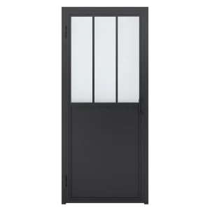 Loft Black 3Lites Steel Glass Swing Door with Kick Board Fluted Iron Framed Double Interior French Door With Glass