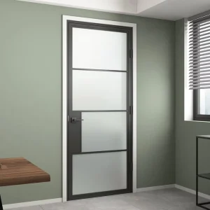 Loft Style 4Lites Black Steel Glass Swing French Door With Privacy Lock Fluted Iron Framed Double Interior Door With Glass