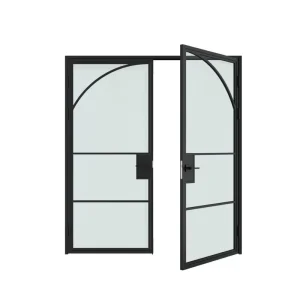 Loft Style Arched Steel and Fluted Glass Double Swing French Door with Privacy Lock