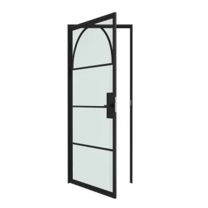 Loft Style Arched Steel and Fluted Glass Swing French Door with Privacy Lock